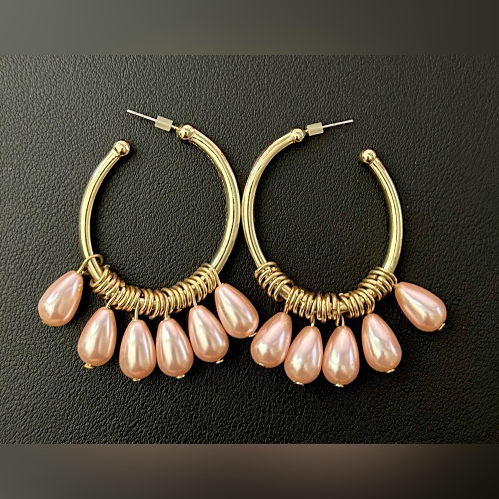 Y2K Gold Hoop Earrings Pink Pearl Drop Dangles McBling 2000s Costume